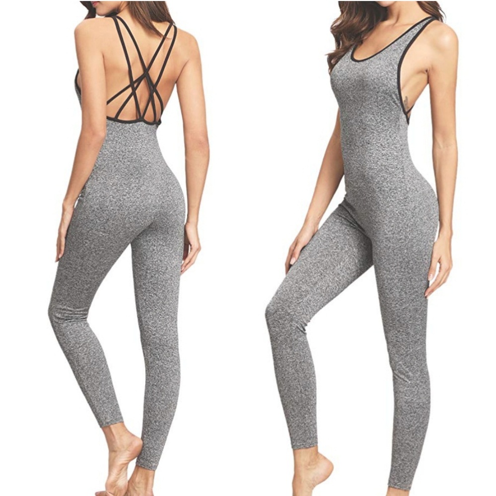 Grey strappy tank yoga workout bodysuit leggings